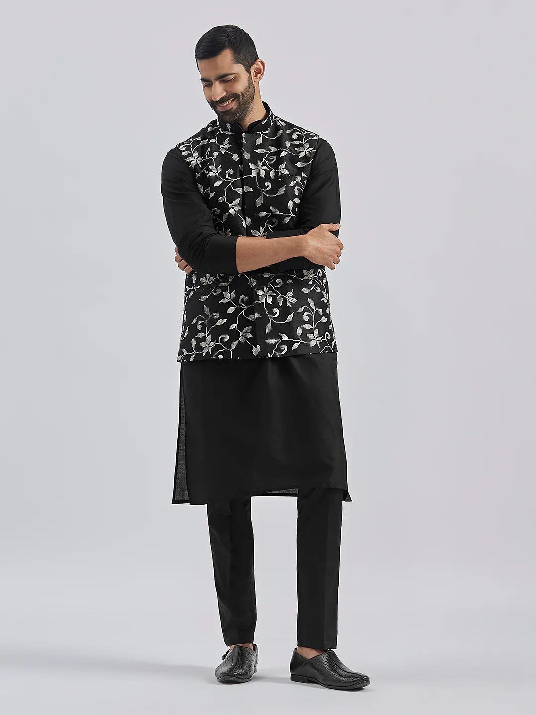 Men's Black Viscose Jacket, Kurta And Pyjama Set