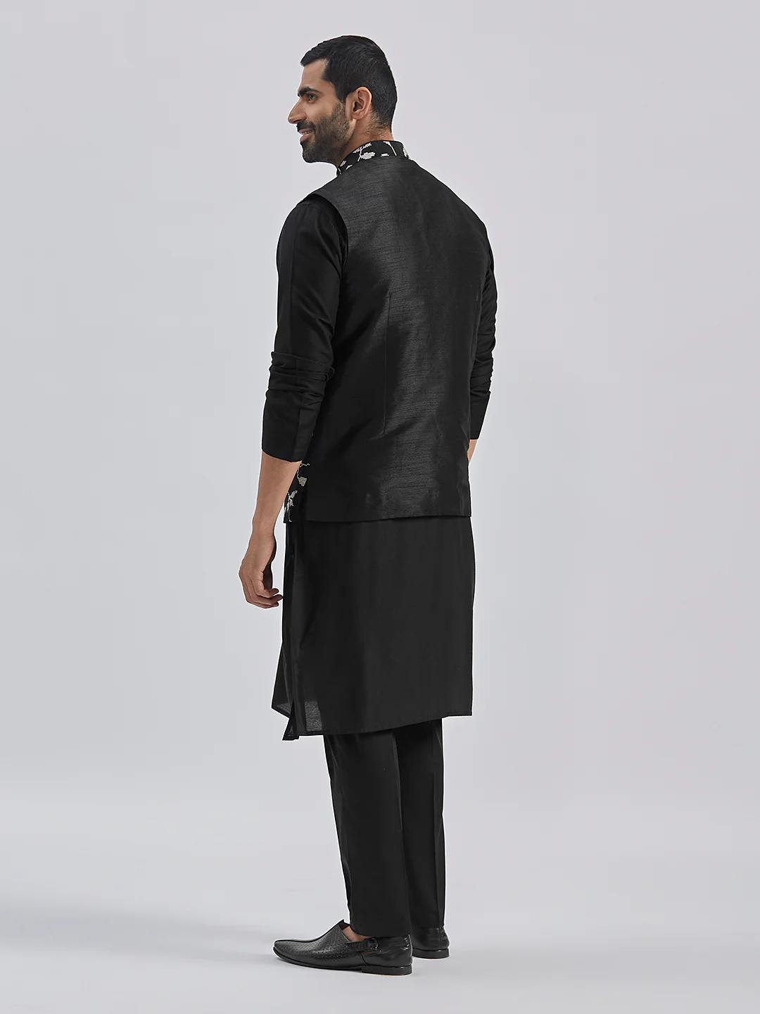 Men's Black Viscose Jacket, Kurta And Pyjama Set - Image 5
