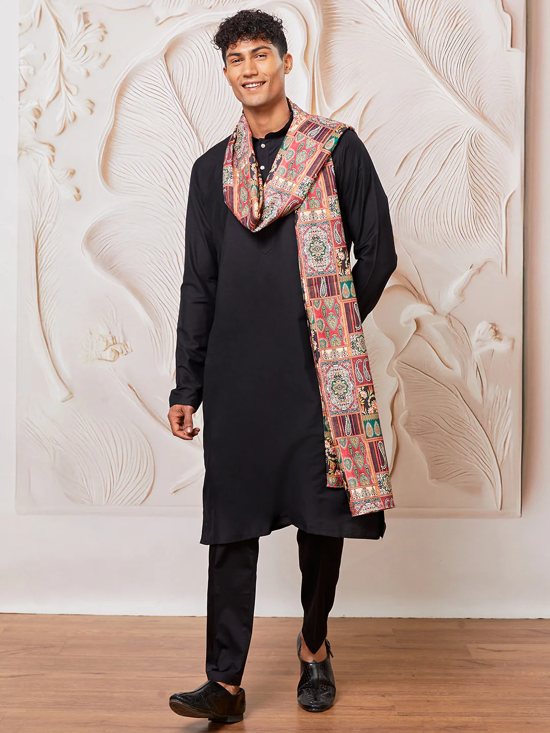 Men's Black Viscose Kurta Pant And Dupatta Set - Image 4