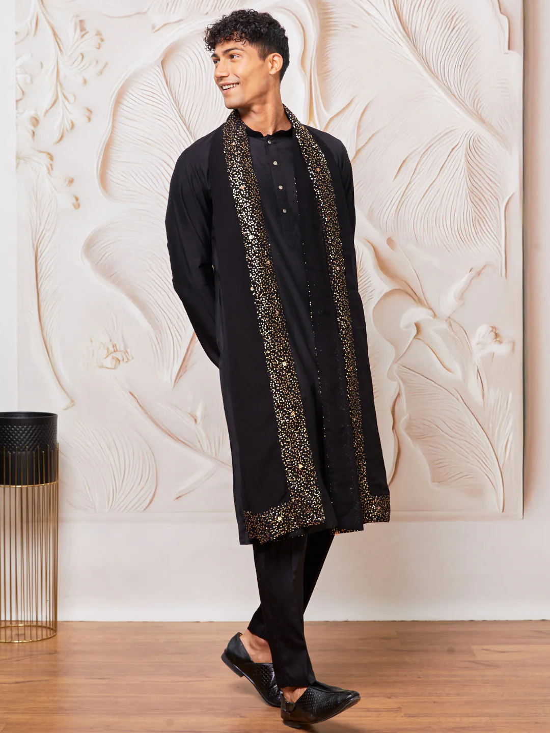 Men's Black Viscose Kurta, Pyjama And Dupatta Set - Image 2