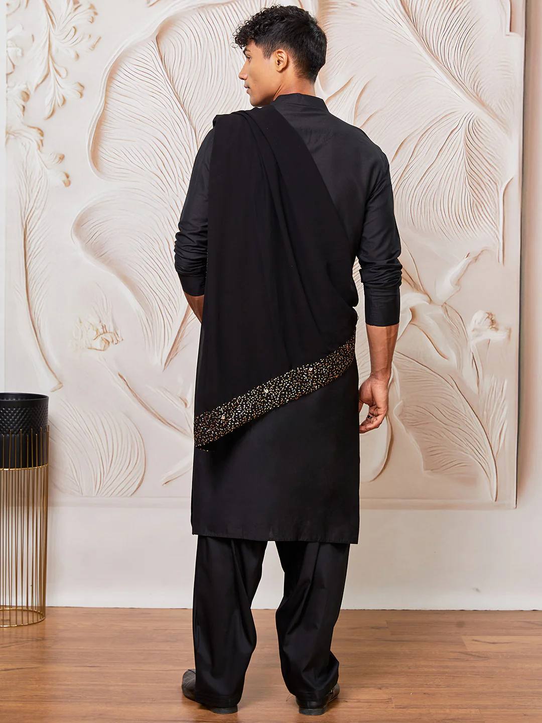 Men's Black Viscose Kurta,Patiala And Dupatta Set - Image 4