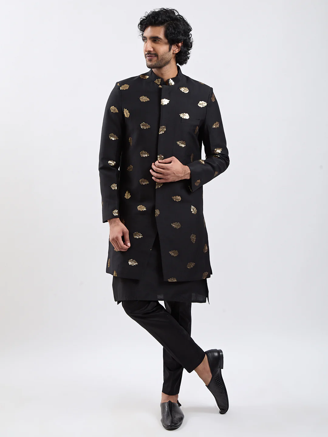 Men's Black Viscose Sherwani Set - Image 2