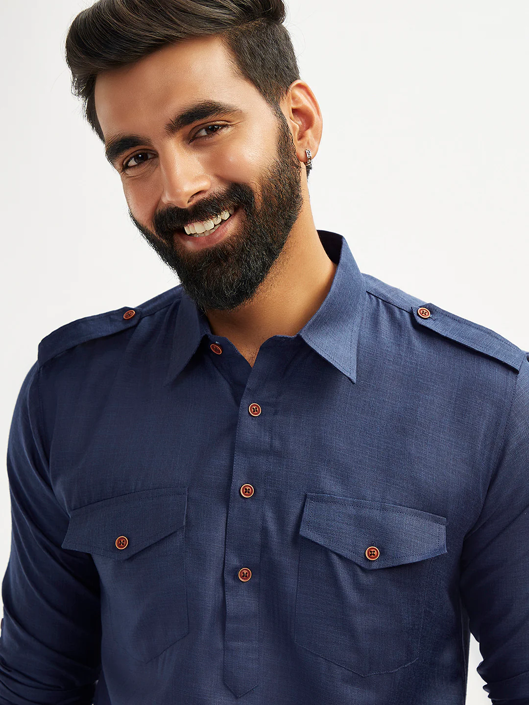 Men's Blue And Cream Cotton Blend Pathani Kurta Set - Image 3