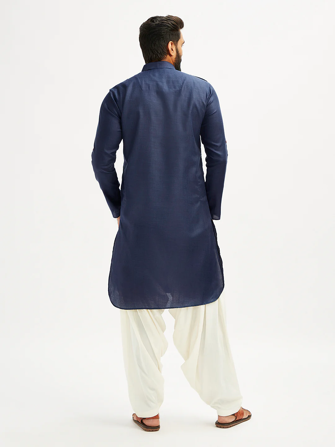 Men's Blue And Cream Cotton Blend Pathani Kurta Set - Image 5