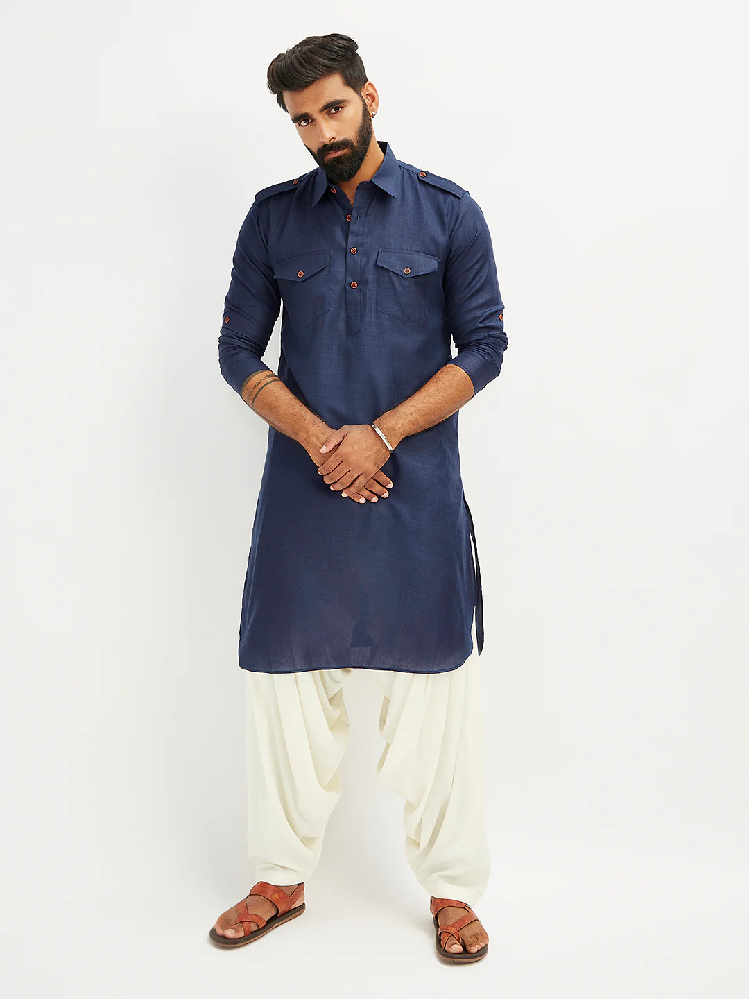Men's Blue And Cream Cotton Blend Pathani Kurta Set - Image 7