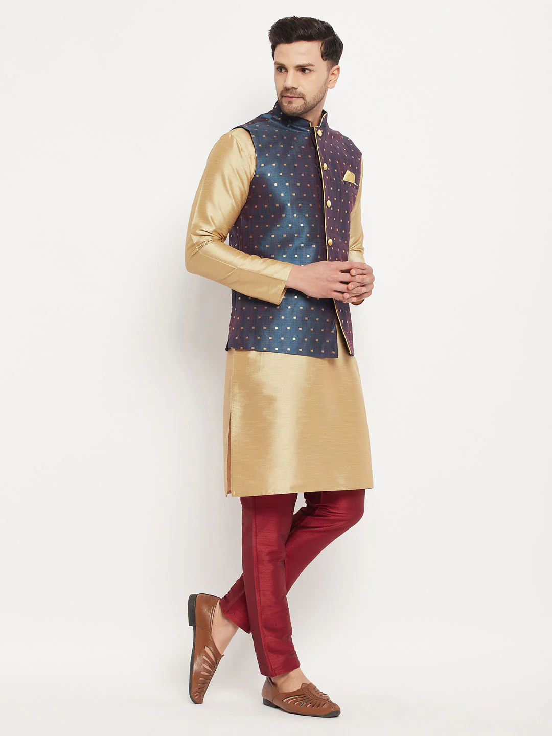 Men's Blue Zari Weaved Jacket With Kurta Pant Set - Image 2