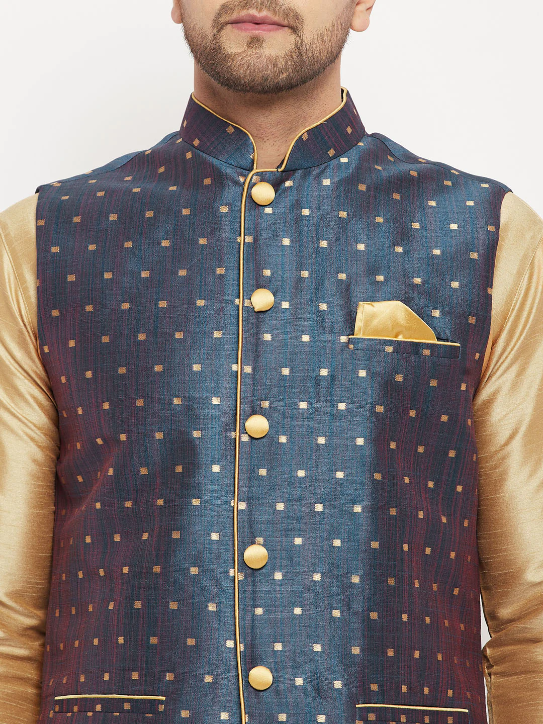 Men's Blue Zari Weaved Jacket With Kurta Pant Set - Image 4