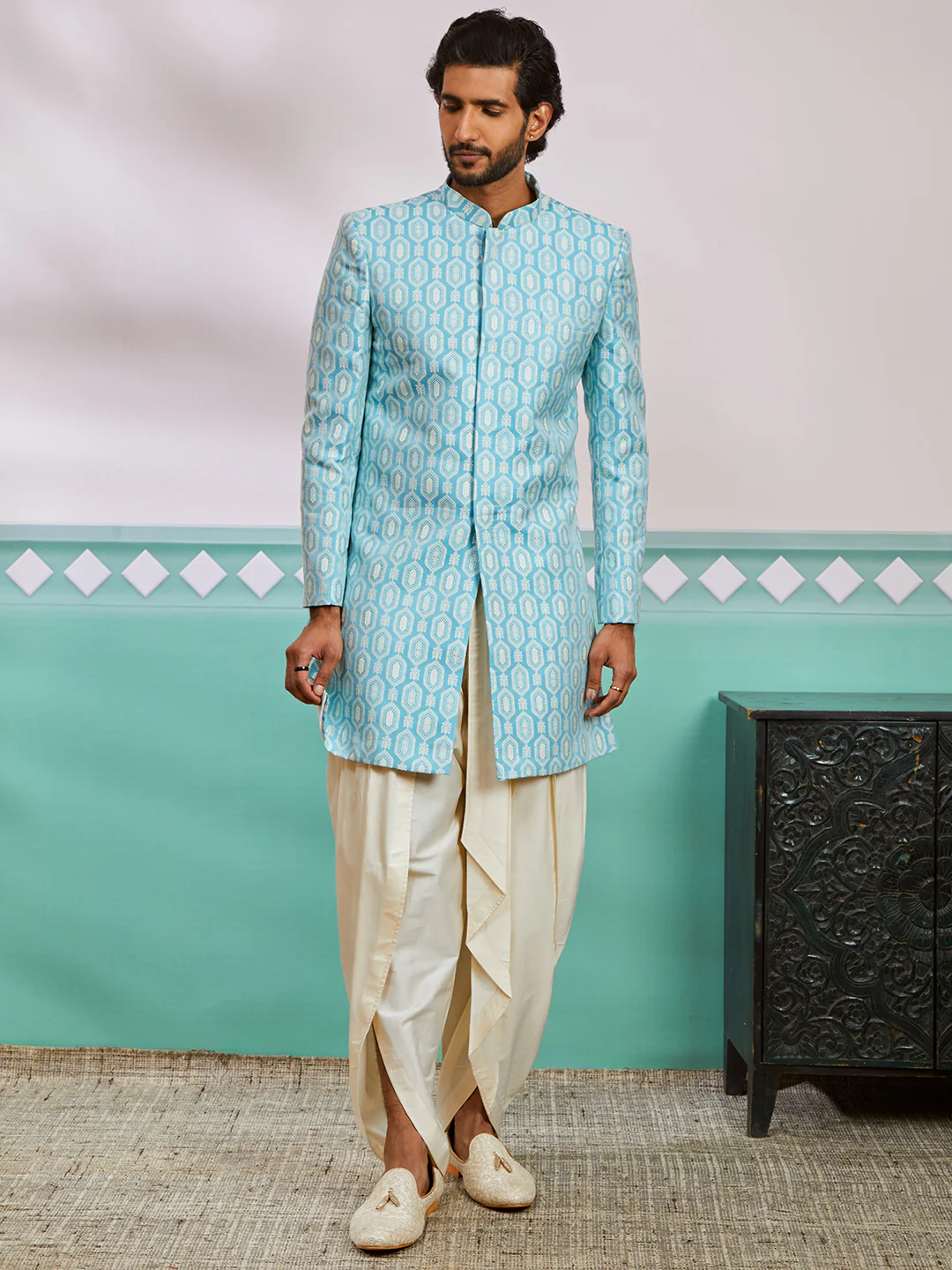 Men's Blue Silk Blend Sherwani Set - Image 2