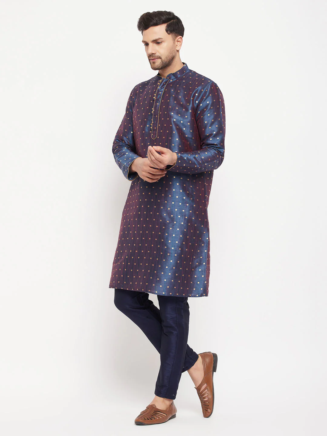 Men's Navy Blue Zari Weaved Kurta And Pant Set - Image 6