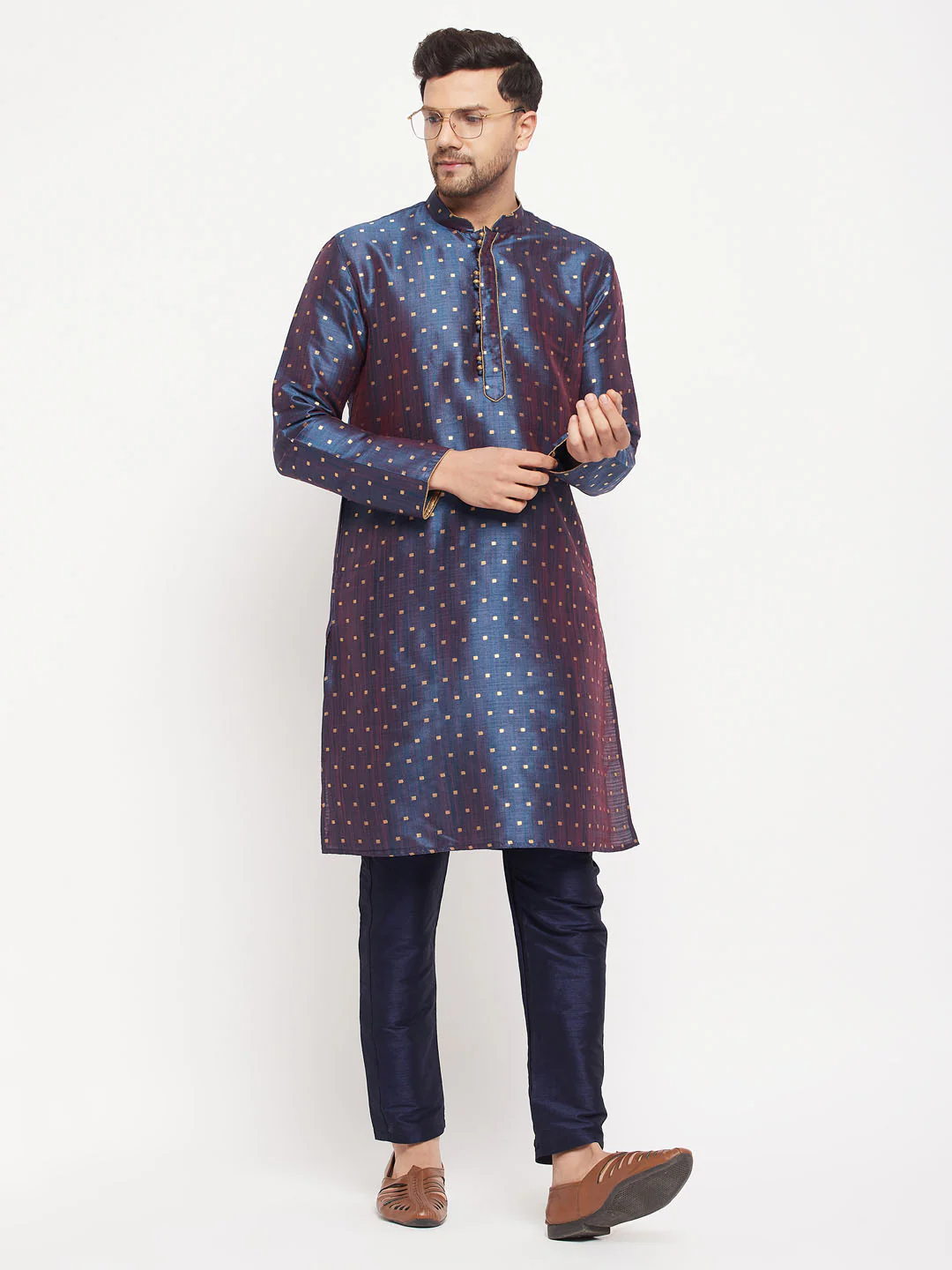 Men's Navy Blue Zari Weaved Kurta And Pant Set - Image 7