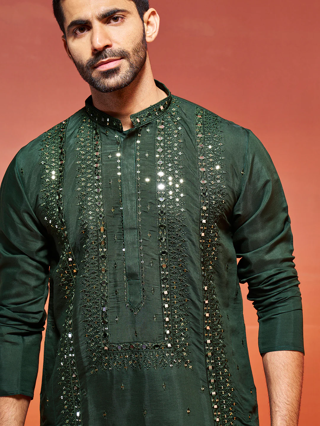 Men's Bottle Green Silk Blend Kurta - Image 2