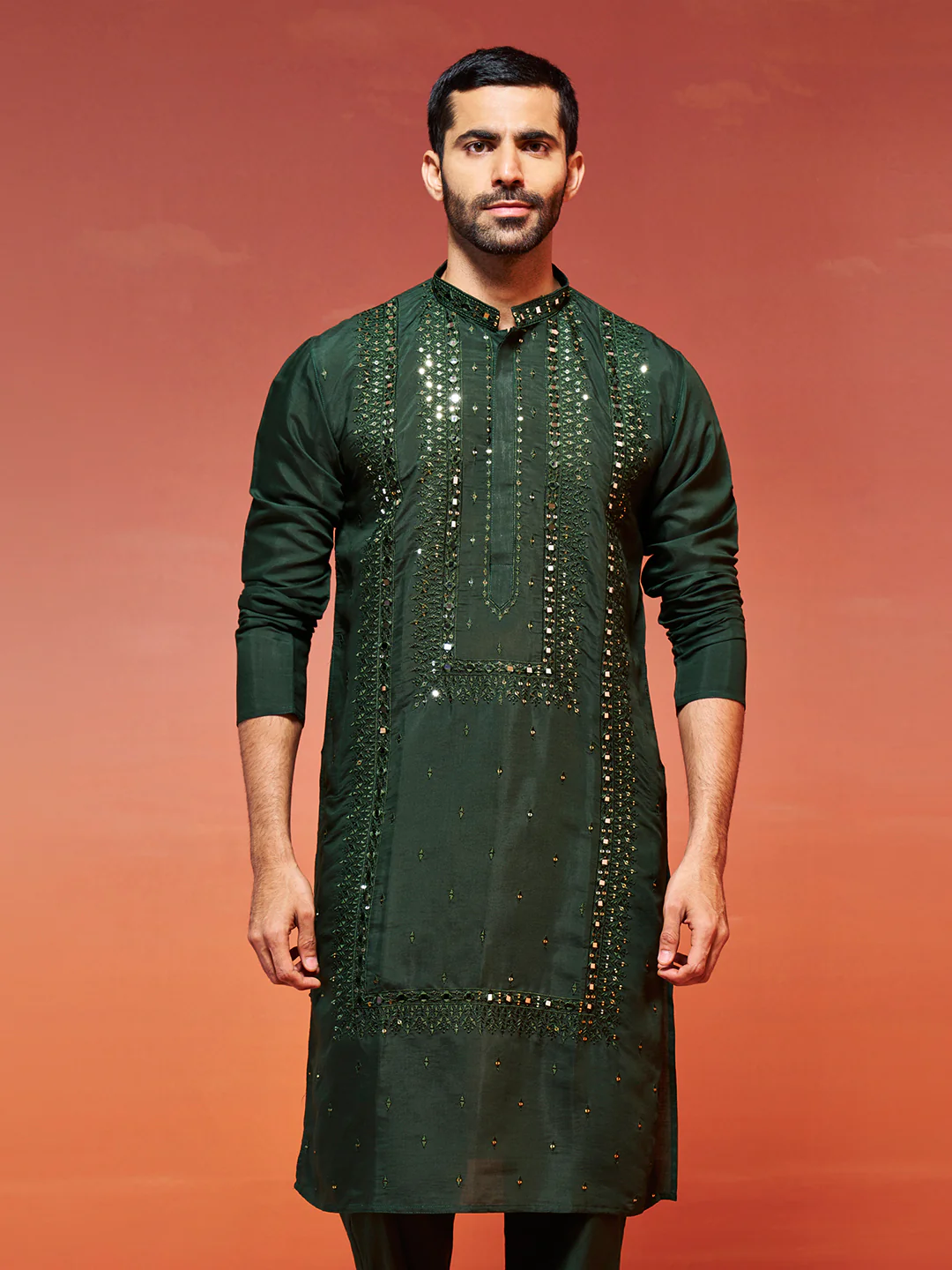 Men's Bottle Green Silk Blend Kurta - Image 3