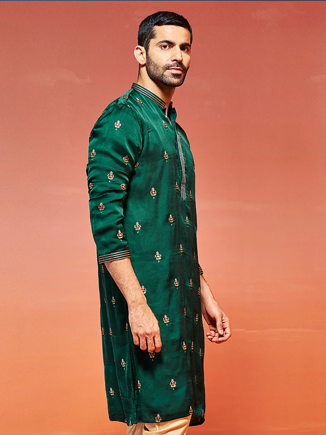 Men's Bottle Green Silk Blend Kurta - Image 3