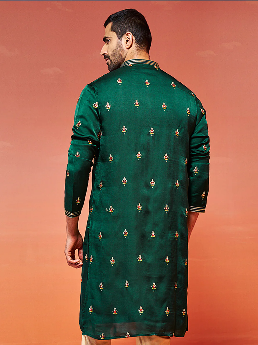 Men's Bottle Green Silk Blend Kurta - Image 4
