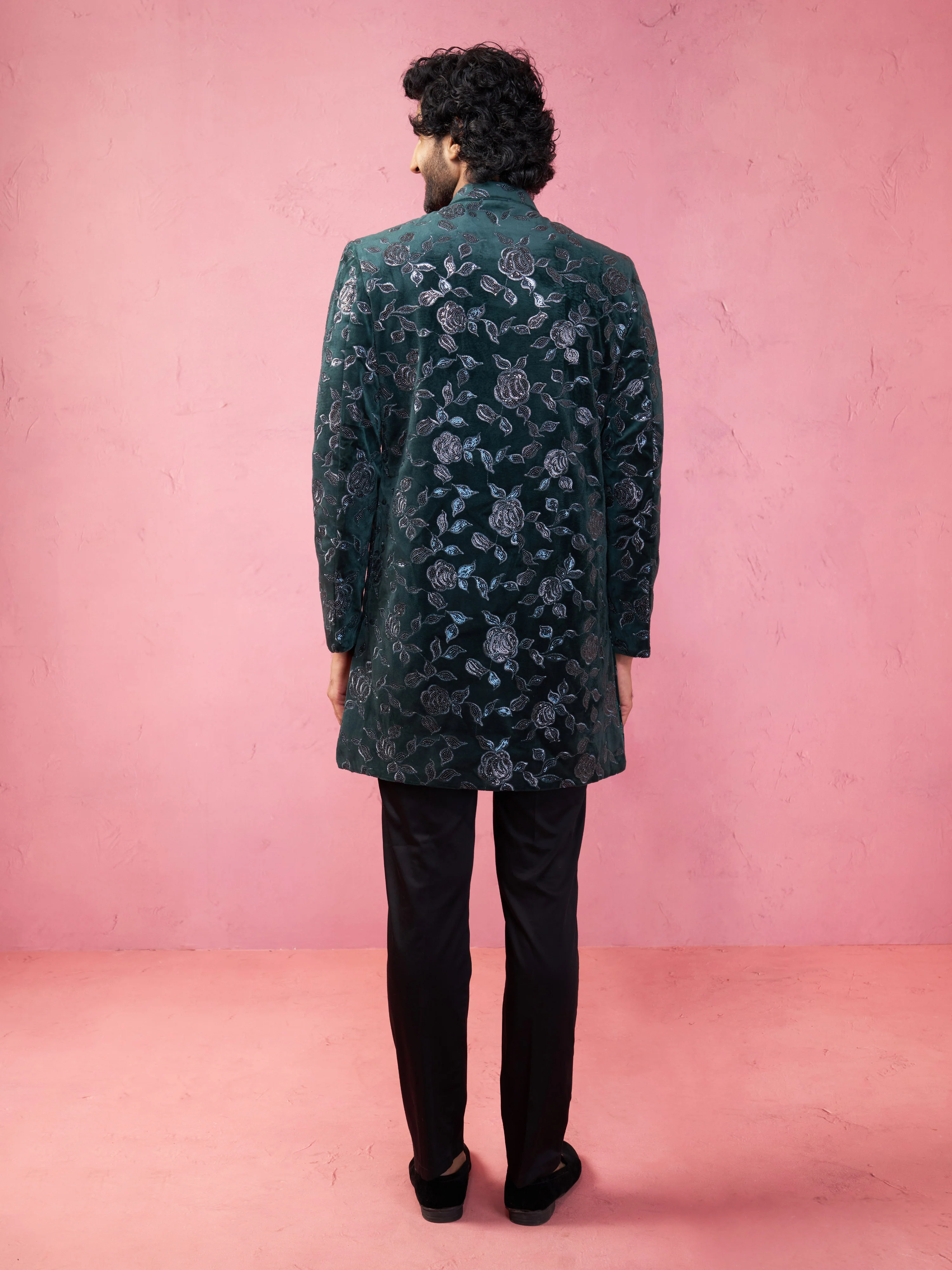 Men's Bottle Green Velvet Sherwani Set - Image 5
