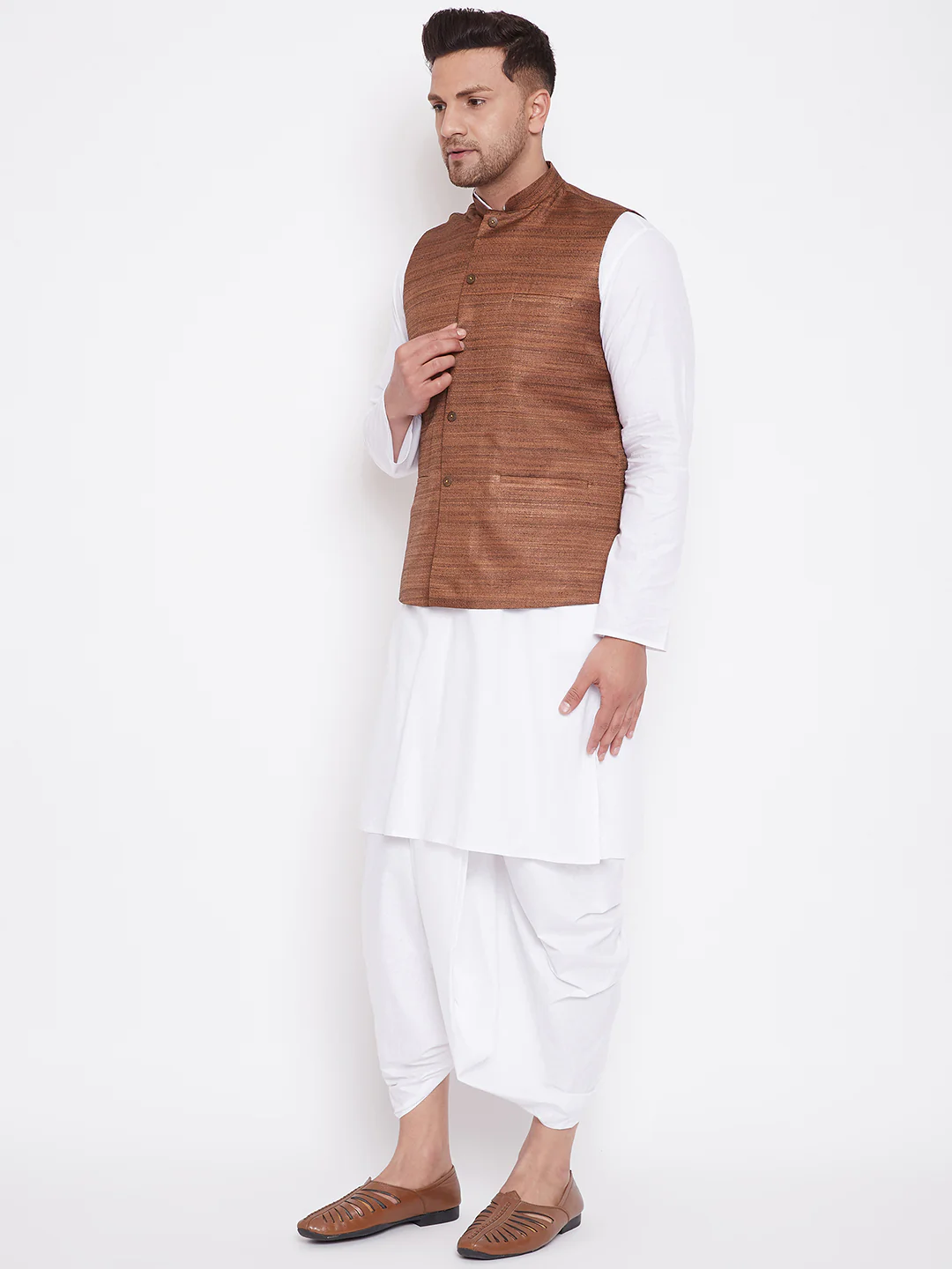 Men's Coffee Brown And White Cotton Blend Jacket, Kurta And Dhoti Set - Image 3