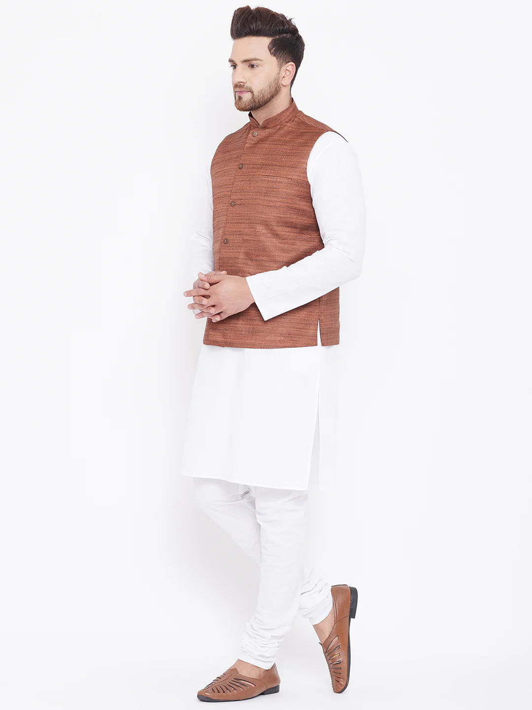 VASTRAMAY Men's Coffee Brown And White Cotton Blend Jacket, Kurta and Pyjama Set - Image 4