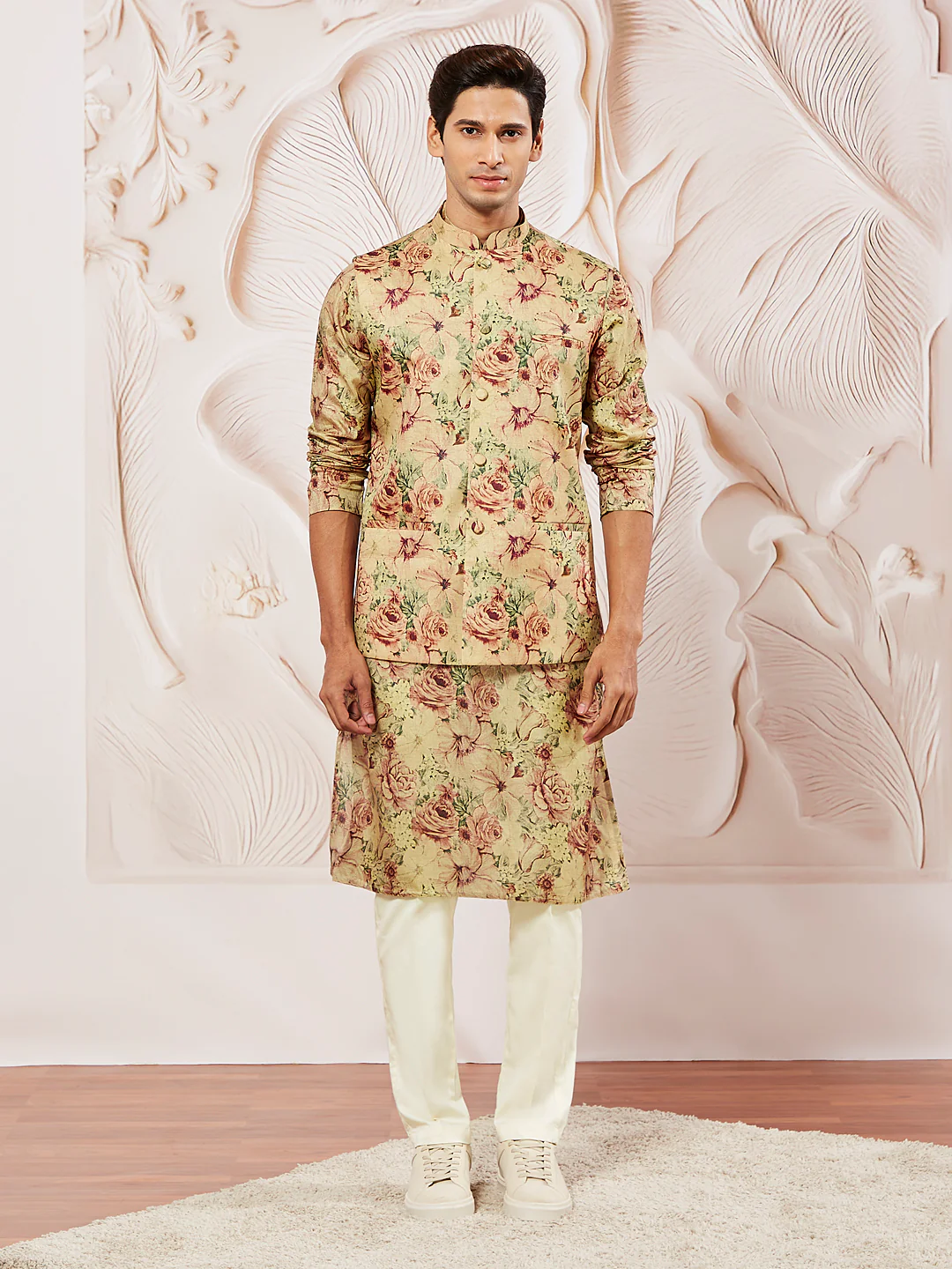 Men's Cream And Brown Silk Blend Jacket, Kurta And Pyjama Set - Image 3