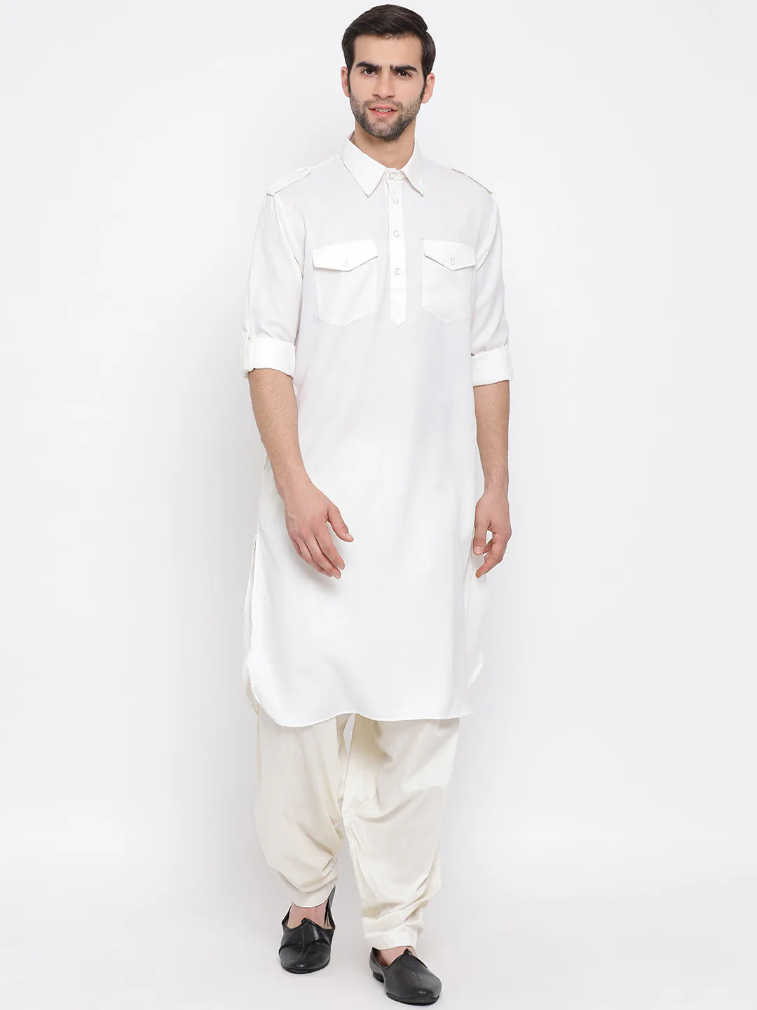 VASTRAMAY Men's Cream And White Cotton Blend Pathani Kurta Set