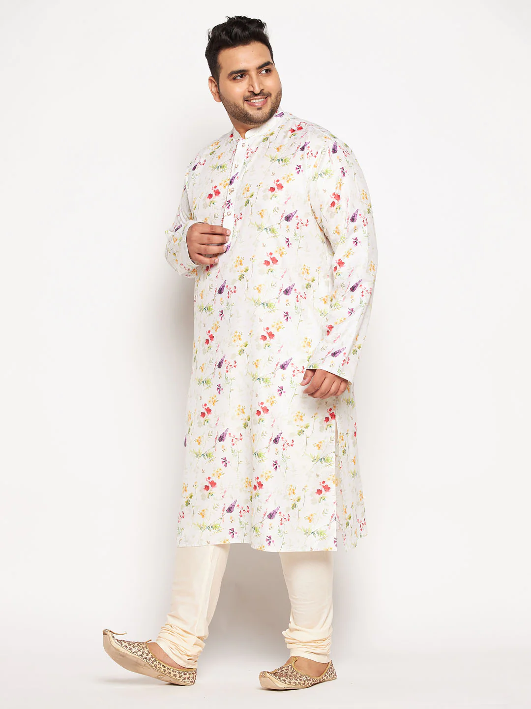 Men's Plus Size Cream Cotton Blend Printed Kurta And Solid Pyjama Set - Image 2
