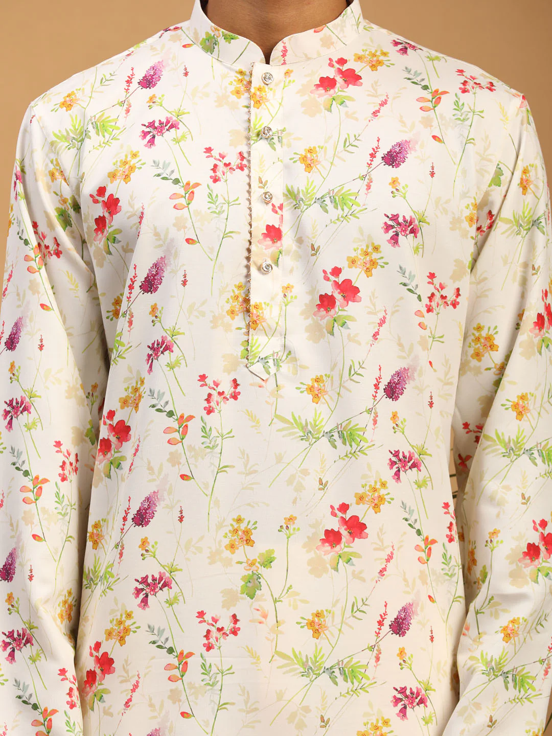 Men's Cream Printed Cotton Blend Kurta And Cream Viscose Pant Set - Image 4
