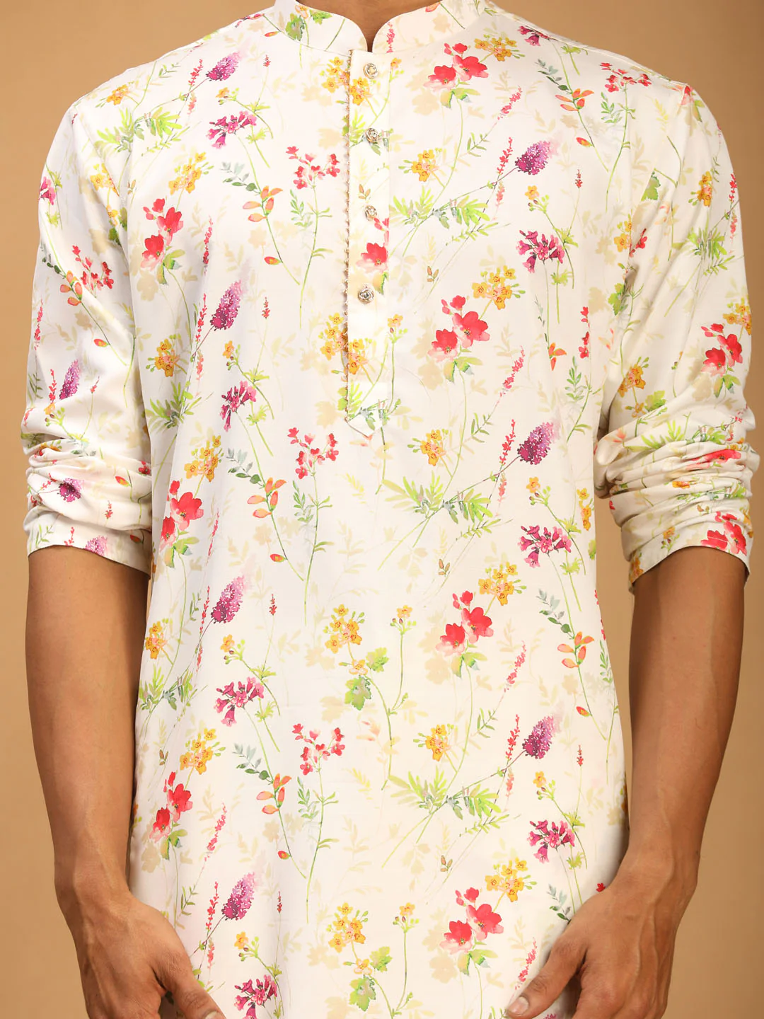 Men's Cream Printed Cotton Blend Kurta And Printed Matching Pant Set - Image 4