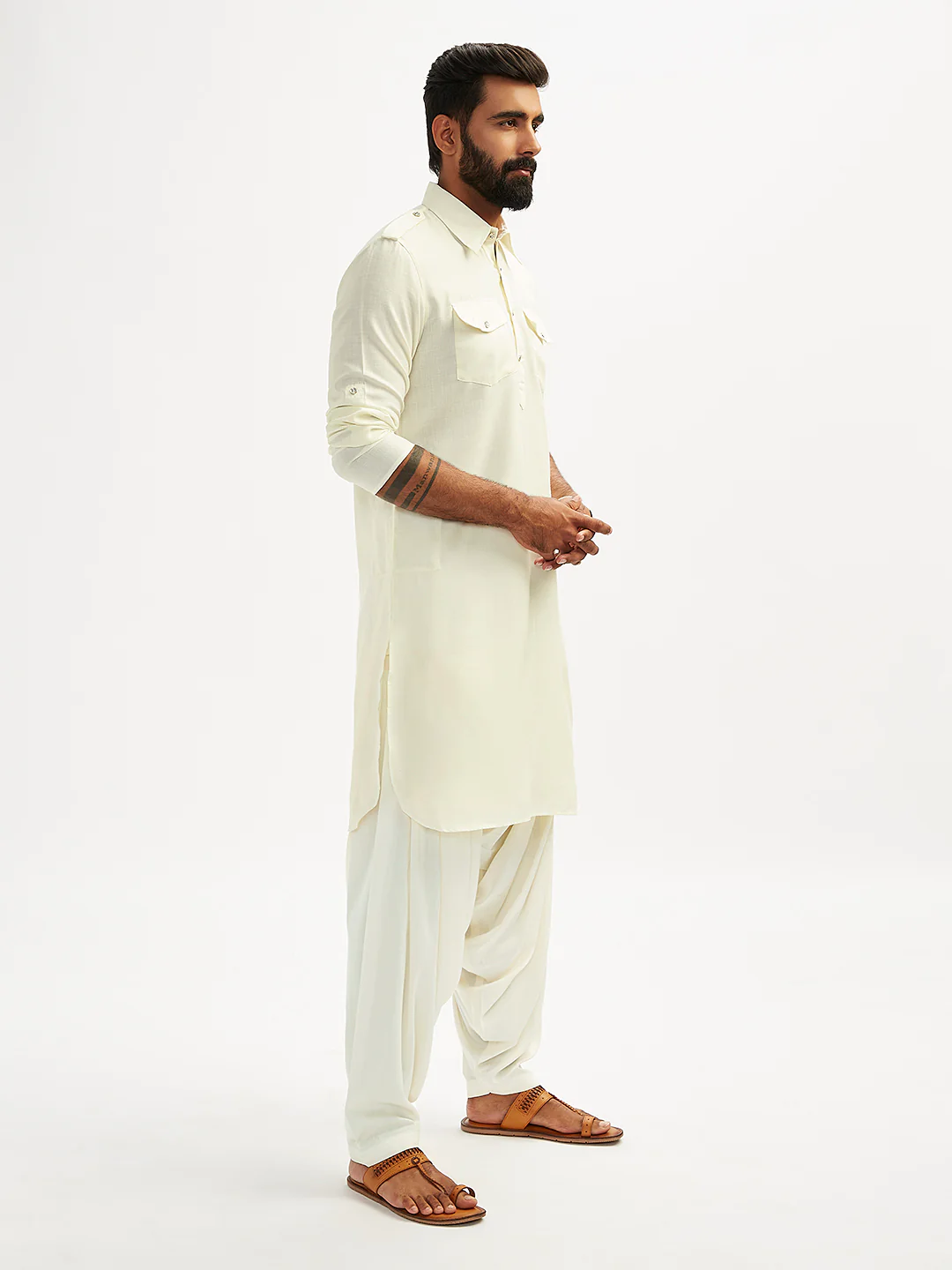 Men's Cream Cotton Blend Pathani Kurta Set - Image 4