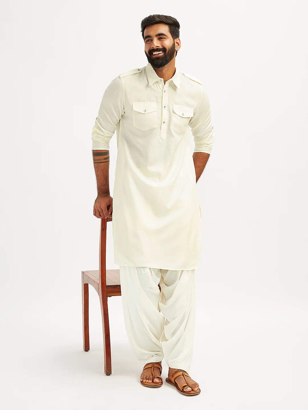 Men's Cream Cotton Blend Pathani Kurta Set - Image 7