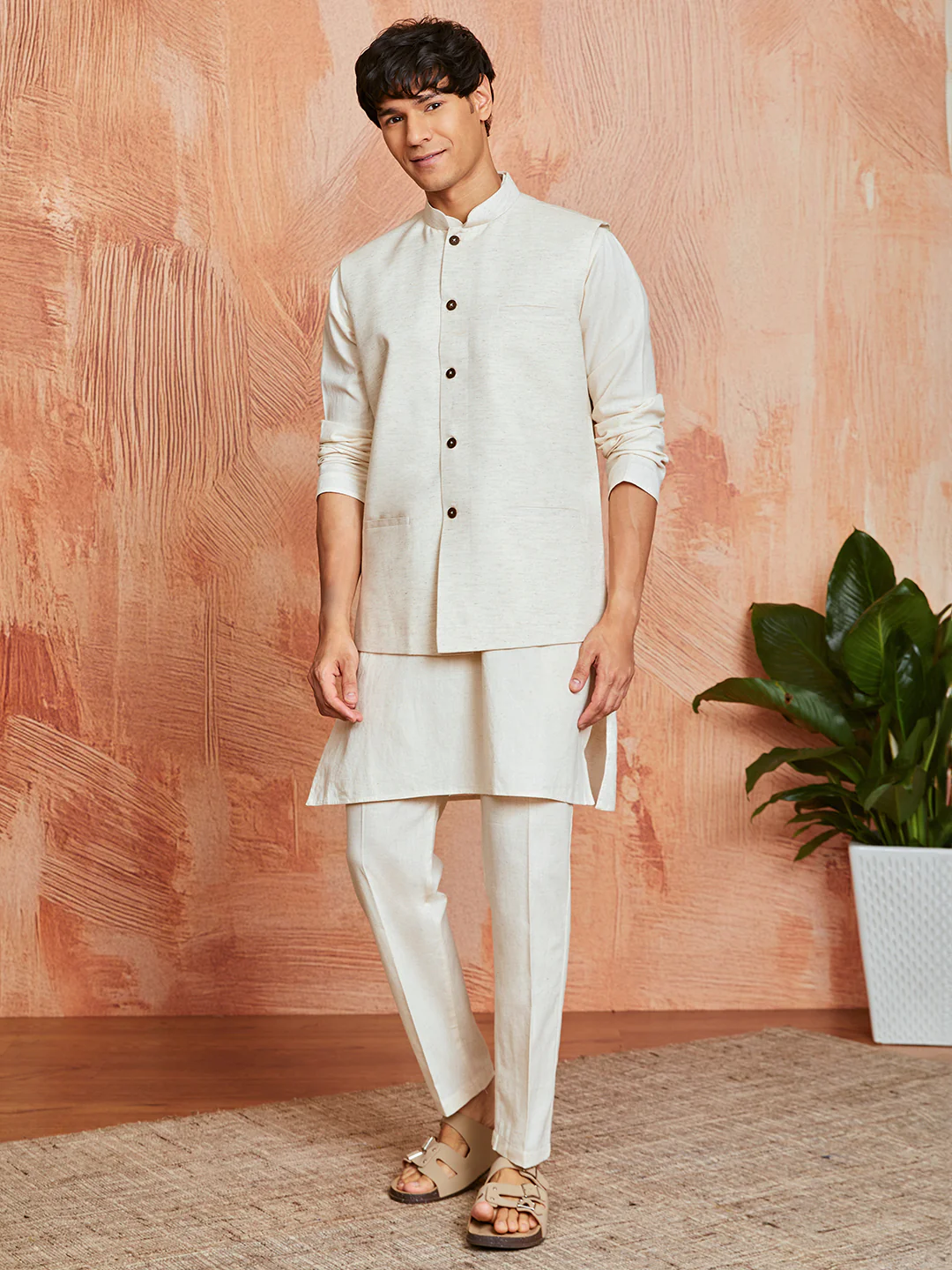Men's Cream Khadi Cotton Jacket, Kurta And Pyjama Set - Image 4