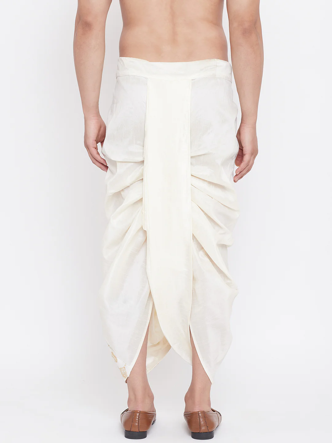 Men's Cream Silk Blend Embroidered Dhoti - Image 3