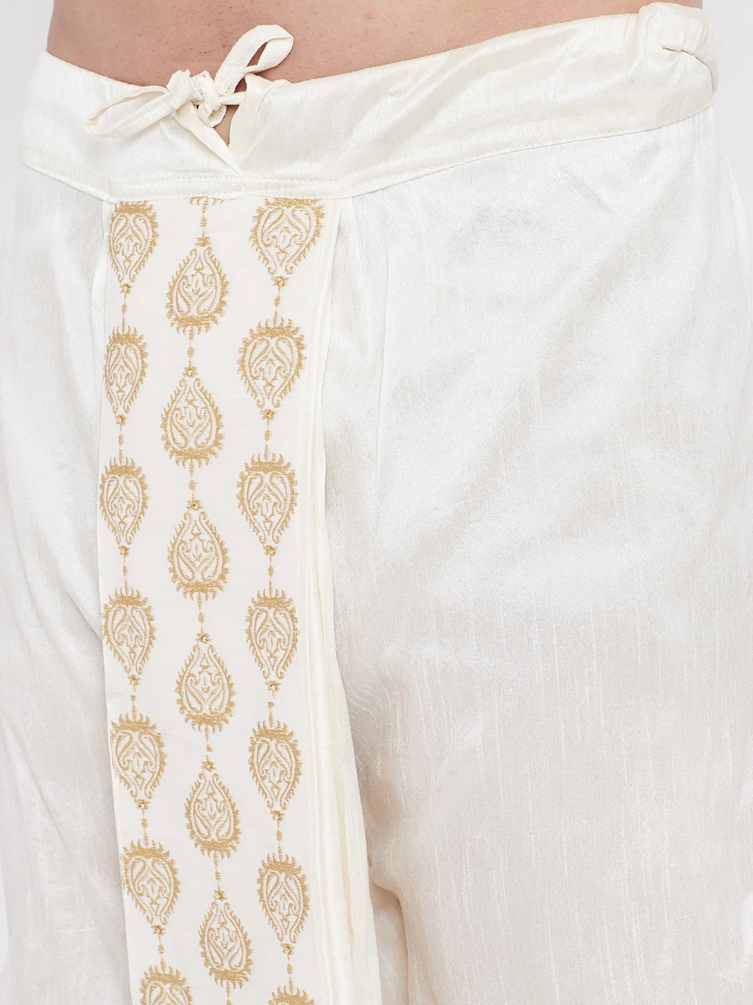 Men's Cream Silk Blend Embroidered Dhoti - Image 4