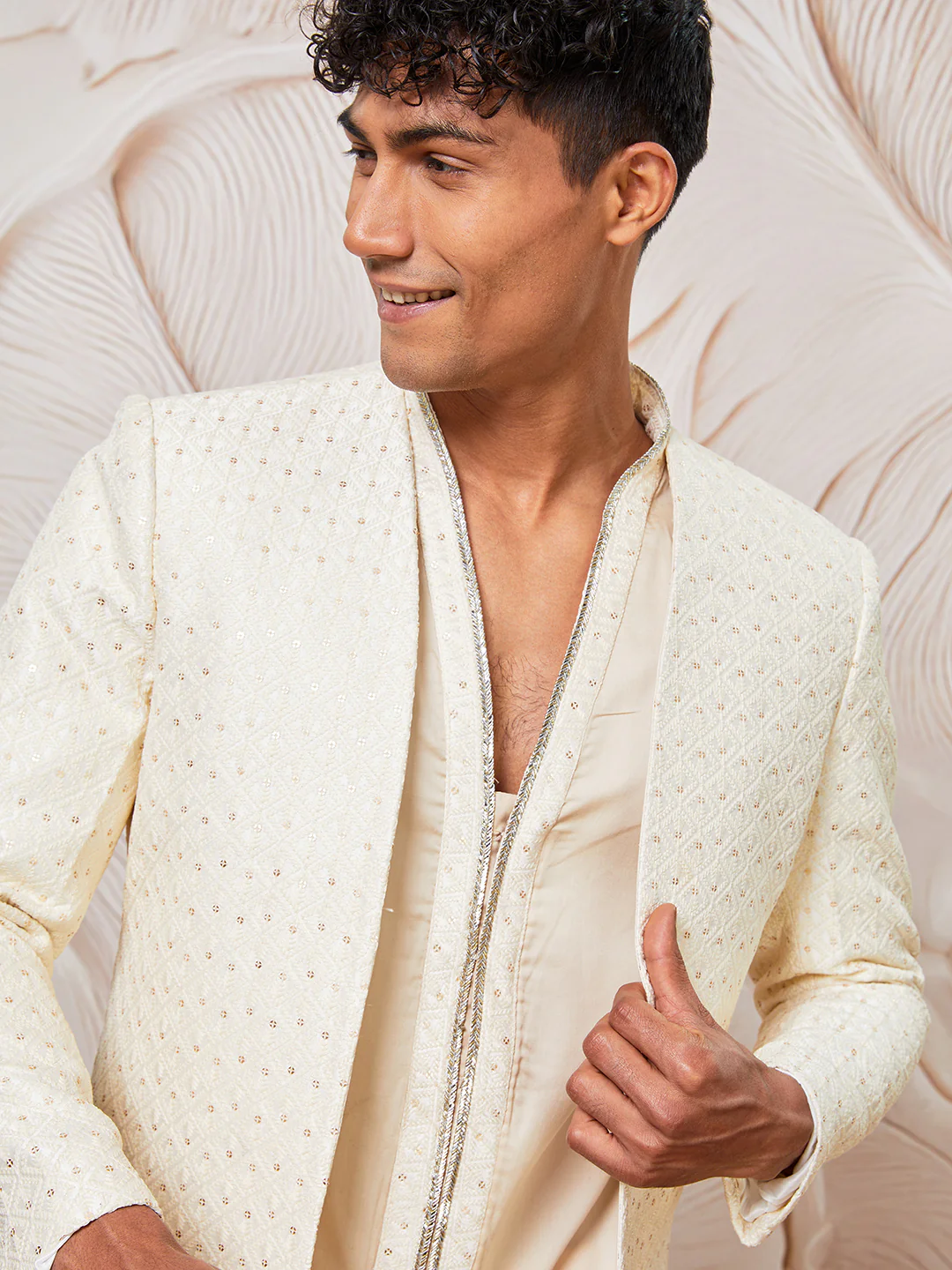 Men's Cream Silk Blend Indowestern, Kurta Pant Set - Image 3