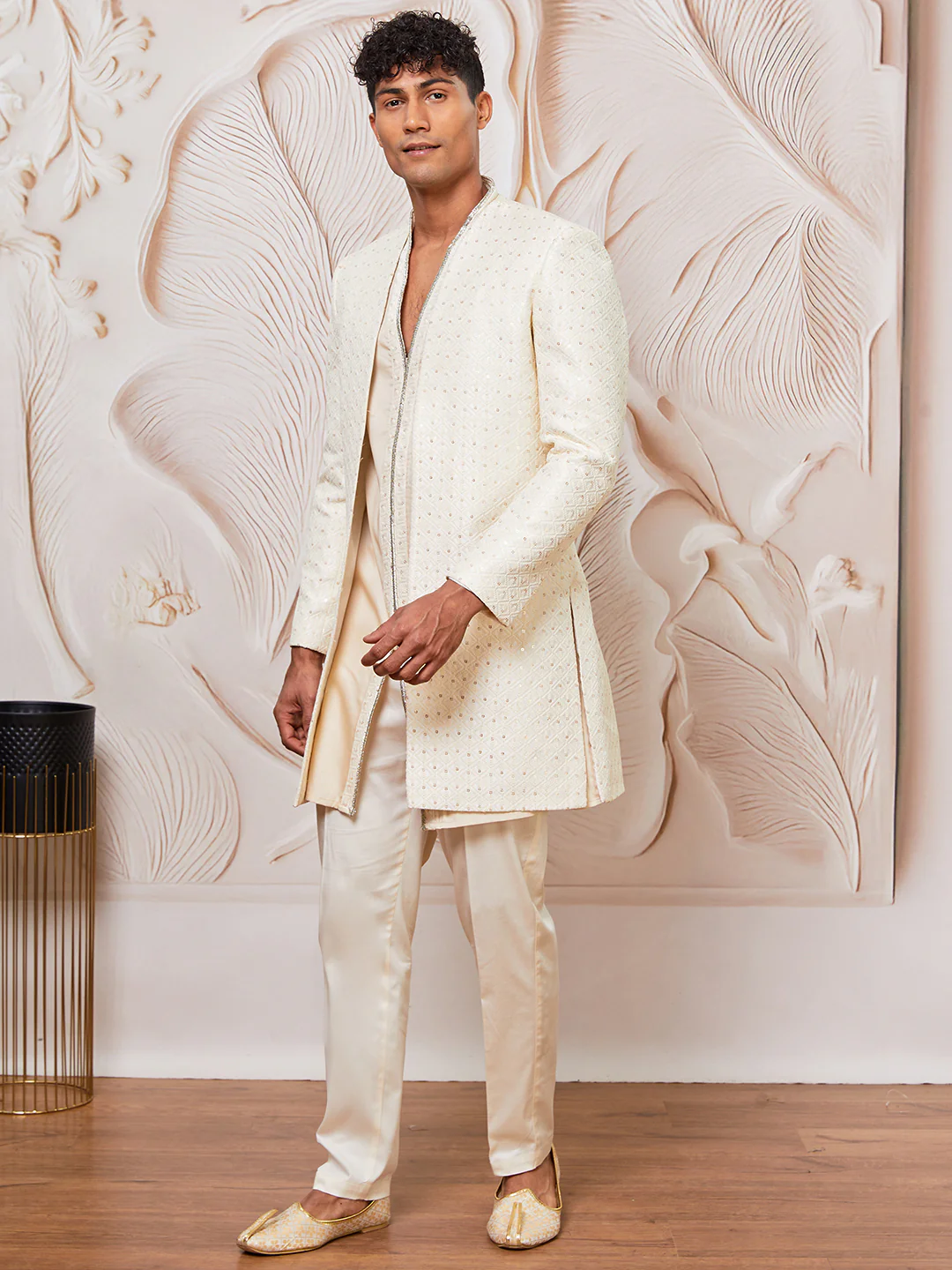 Men's Cream Silk Blend Indowestern, Kurta Pant Set - Image 4