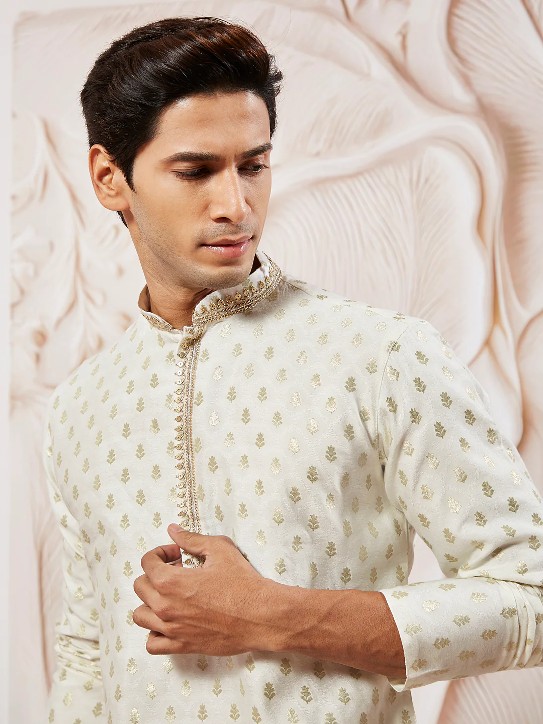 Men's Cream Silk Blend Jacquard Kurta - Image 3