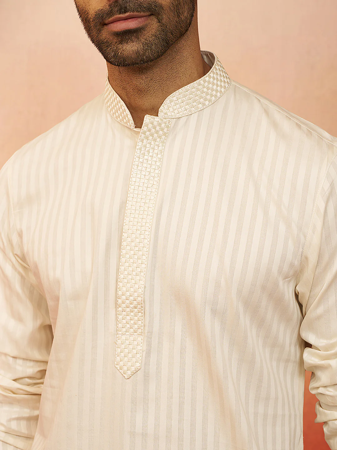 Men's Cream Thread Embroidered Kurta with Pyjama - Image 2