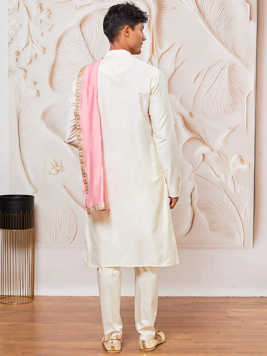 Men's Cream Viscose Kurta,Pant And Dupatta Set - Image 4