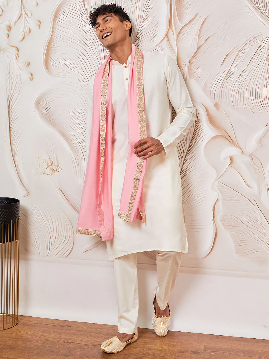 Men's Cream Viscose Kurta,Pant And Dupatta Set - Image 5