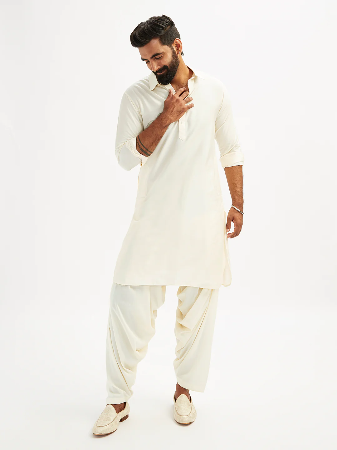 Men's Cream Viscose Pathani Kurta Set - Image 8