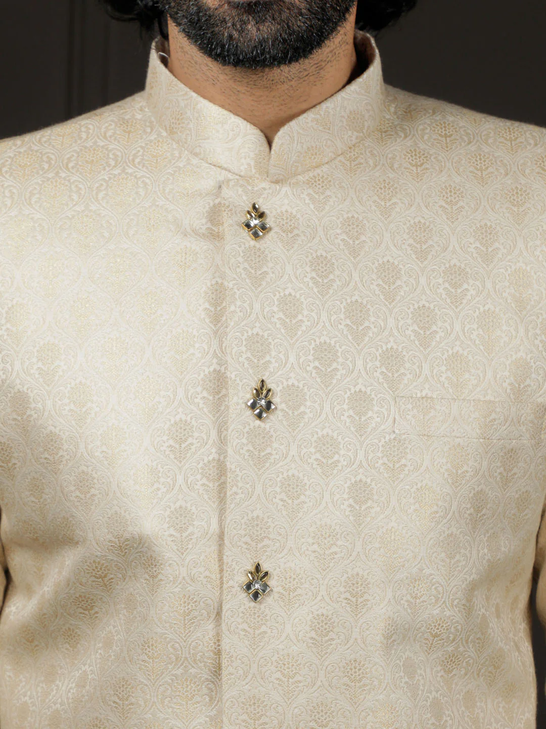 Men's Gold And Cream Silk Blend Sherwani Set - Image 5