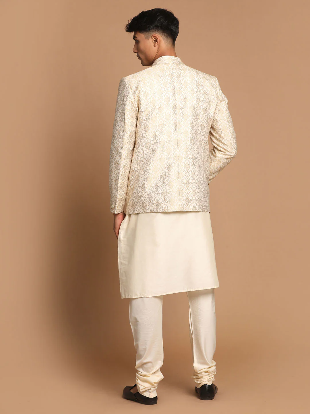 Men's Gold Woven Blazer And Cream Solid Kurta With Pajama Set - Image 3