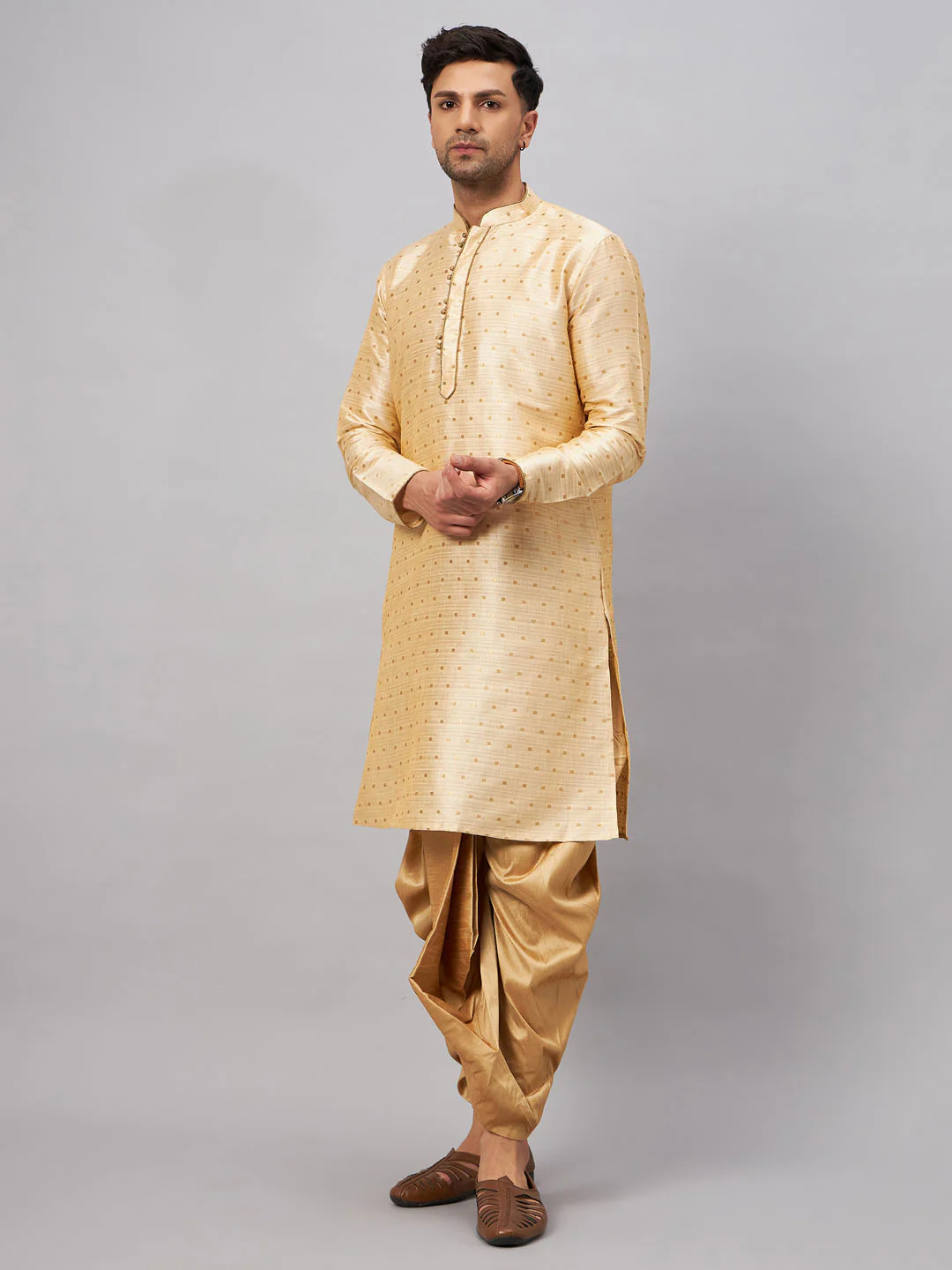 Men's Gold Zari Weaved Kurta Dhoti Set - Image 6