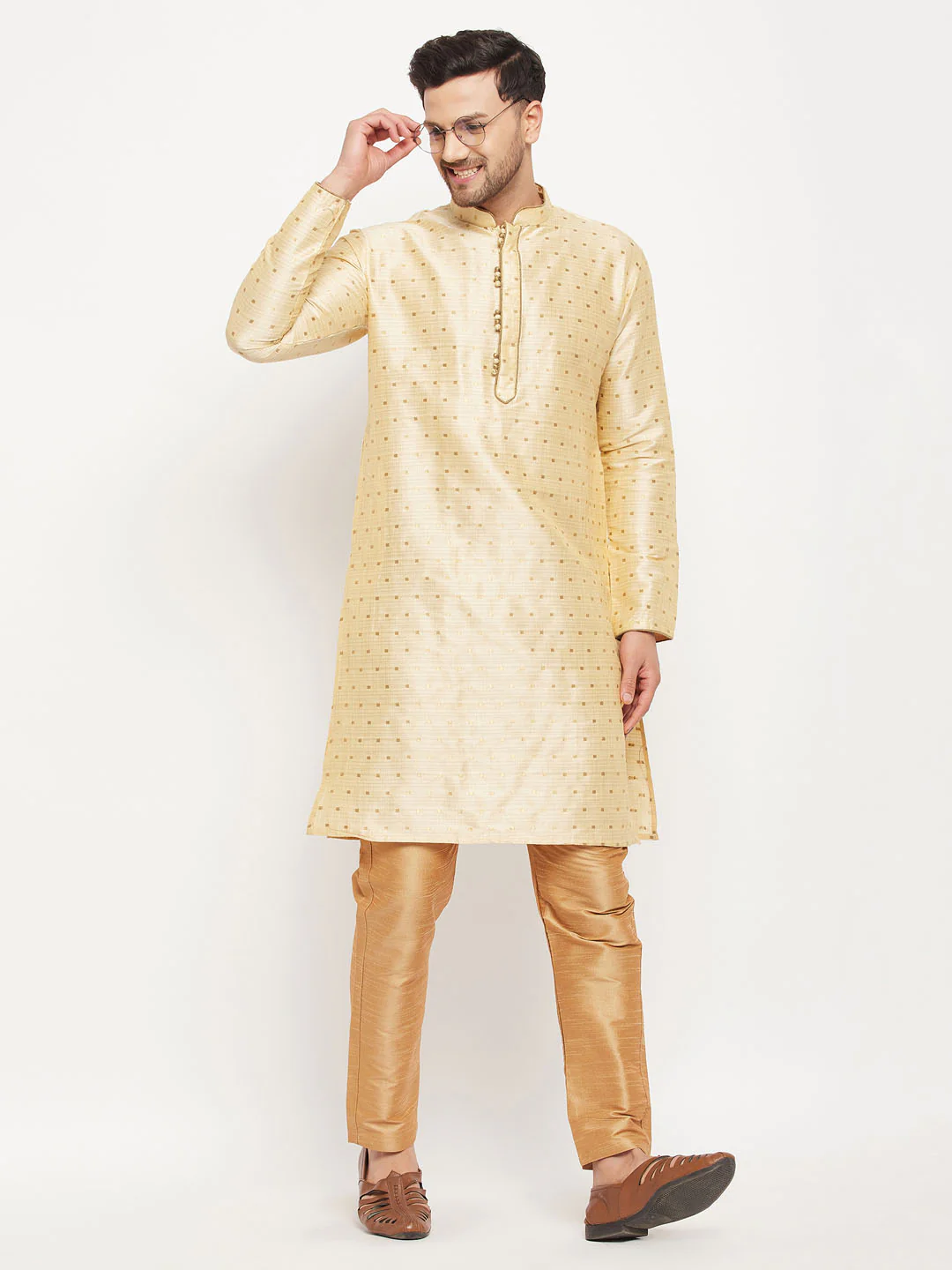 Men's Gold Zari Weaved Kurta And Pant Set