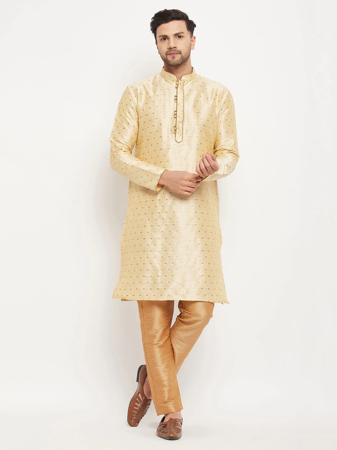 Men's Gold Zari Weaved Kurta And Pant Set - Image 6