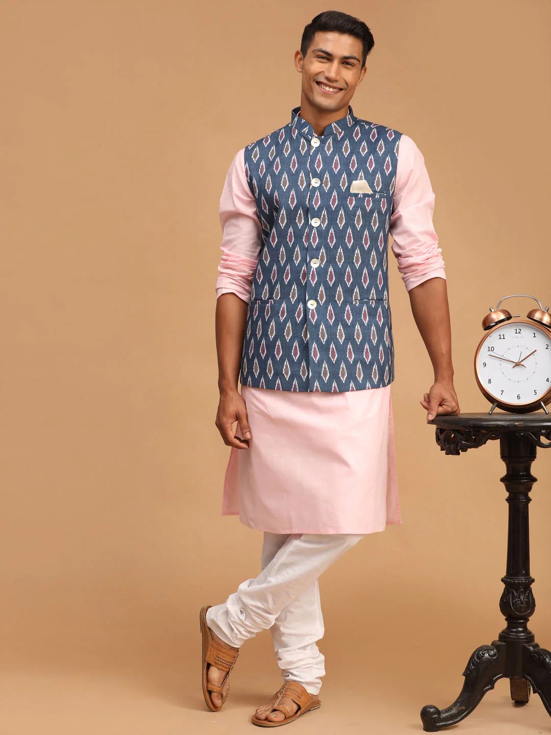 Men's Gray Printed Cotton Nehru Jacket With Pink Kurta And White Pyjama Set