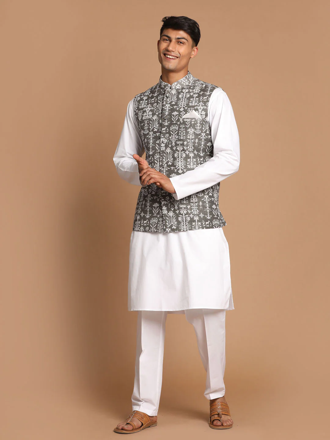 Men's Mehendi Green Printed Nehru Jacket With White Solid Kurta & Pant Set