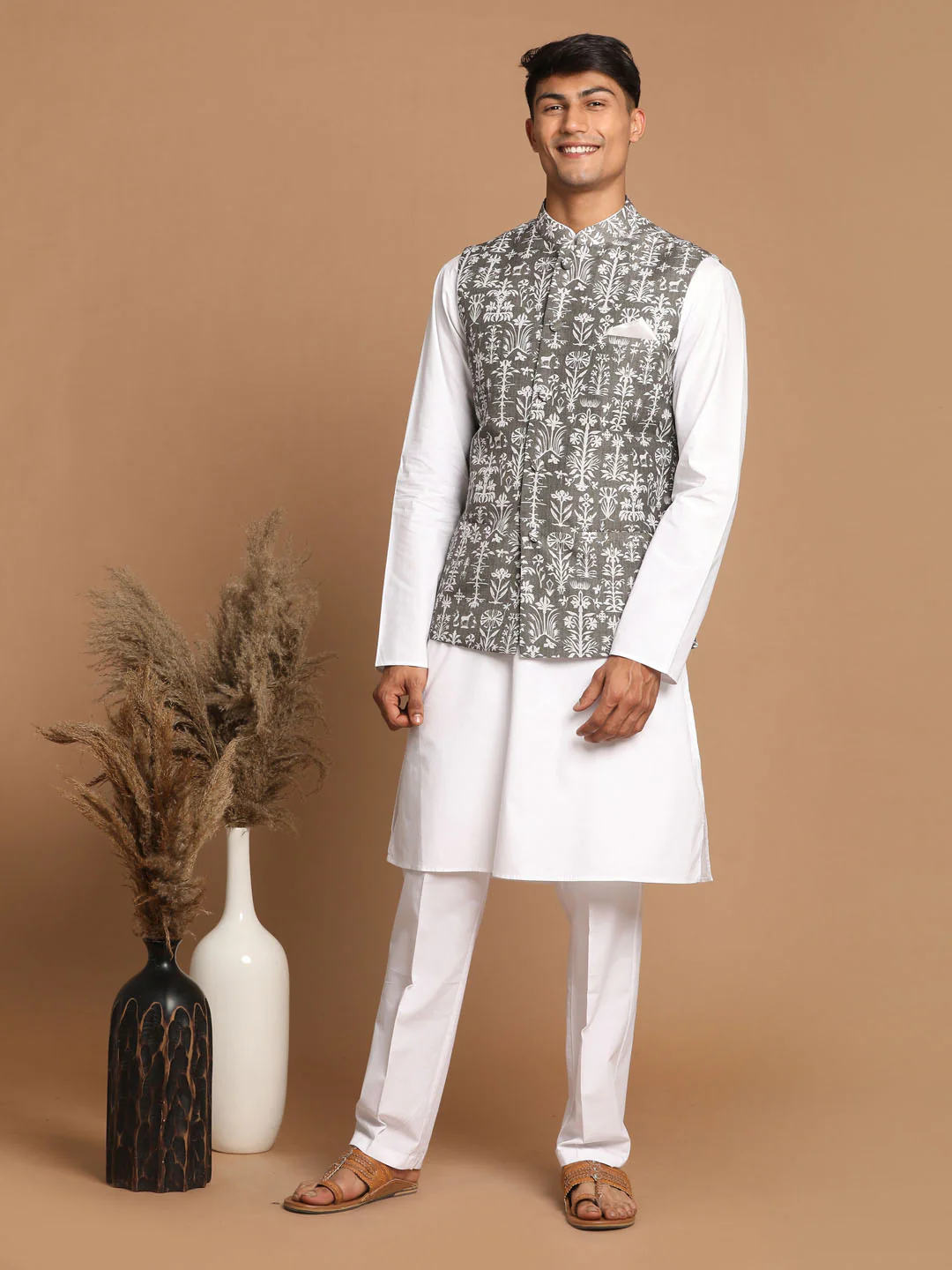 Men's Mehendi Green Printed Nehru Jacket With White Solid Kurta & Pant Set - Image 6