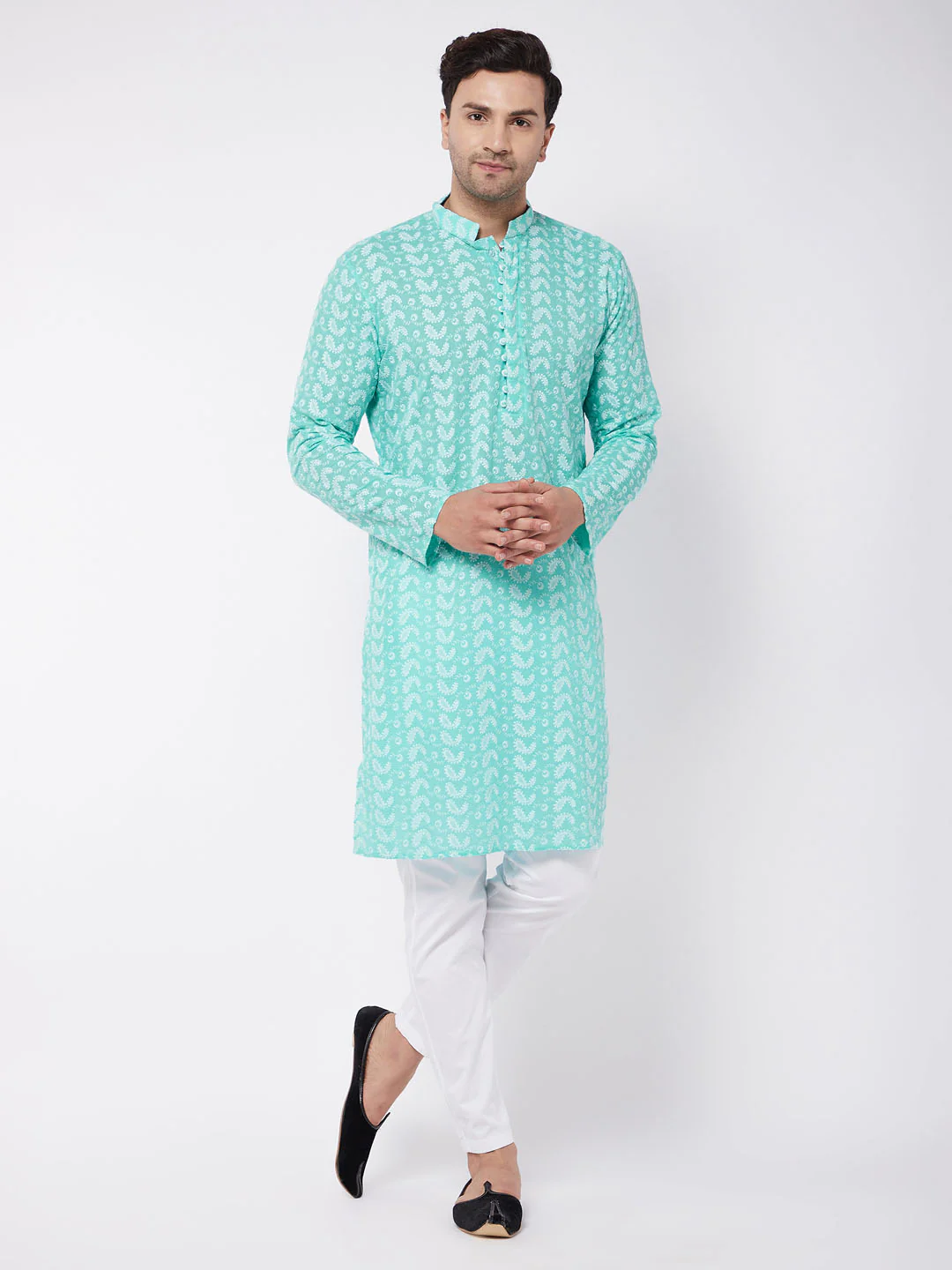 Men's Green Pure Cotton Chikankari Kurta With Pant Set