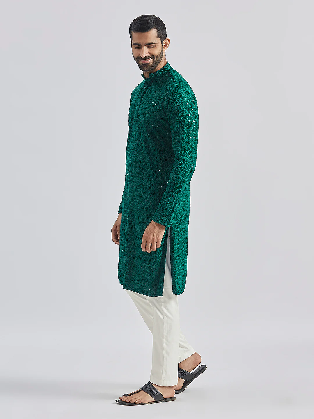 Men's Green And White Rayon Cotton Kurta Pyjama Set - Image 4
