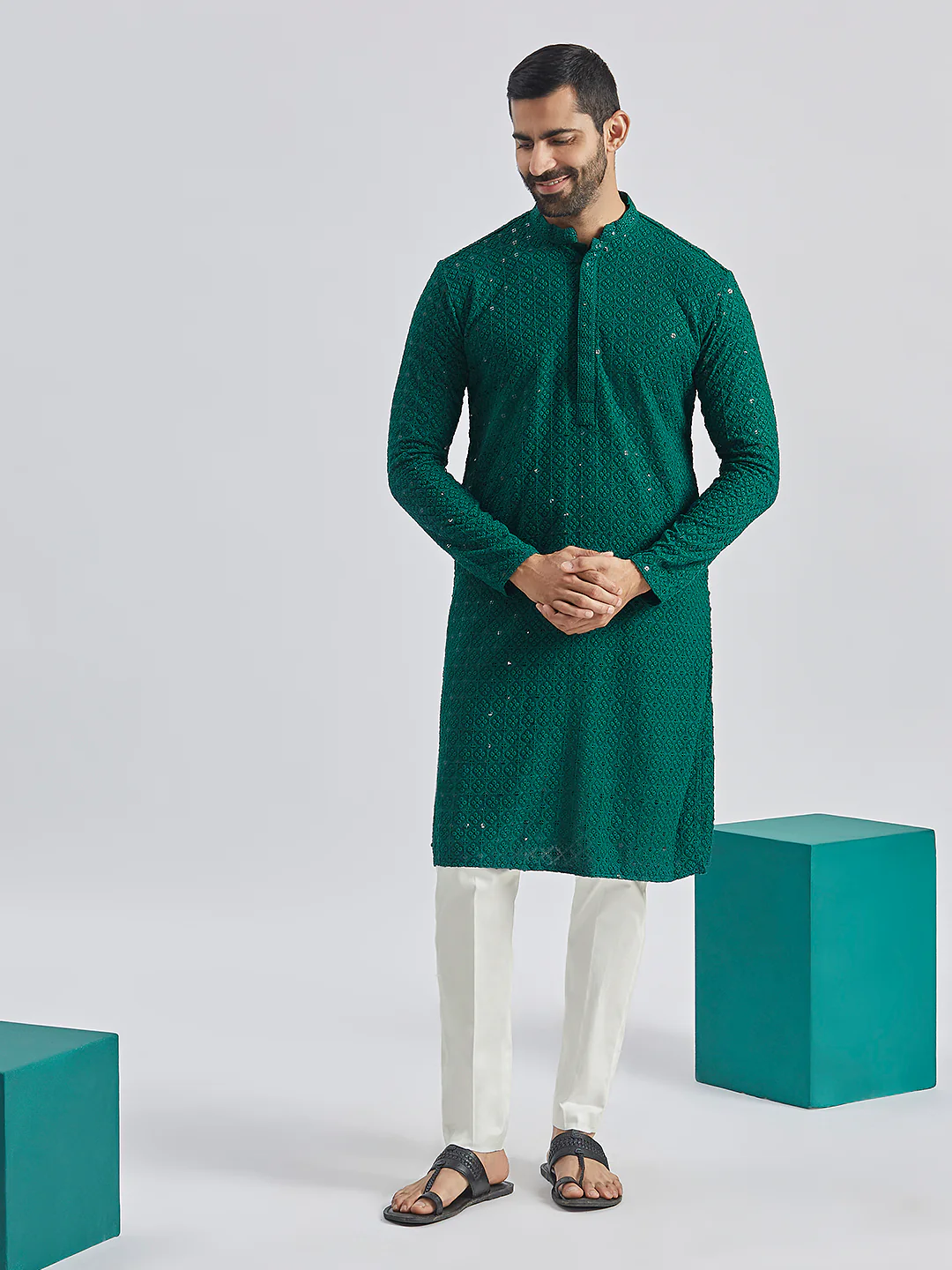 Men's Green And White Rayon Cotton Kurta Pyjama Set - Image 7