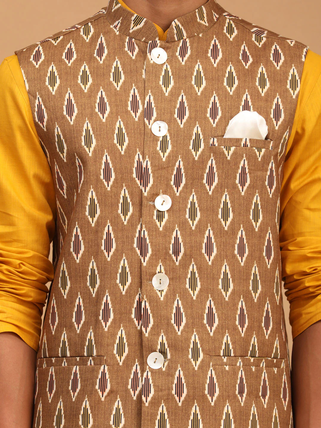Men's Green Printed Cotton Nehru Jacket With Mustard Kurta And White Pyjama Set - Image 4